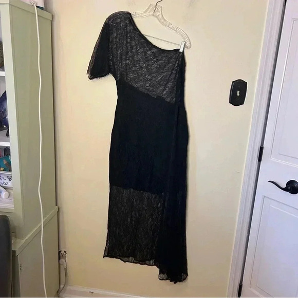 New ASOS Design One Shoulder Sheer Lace Asymmetrical Dress Black Size 12 - Picture 5 of 8
